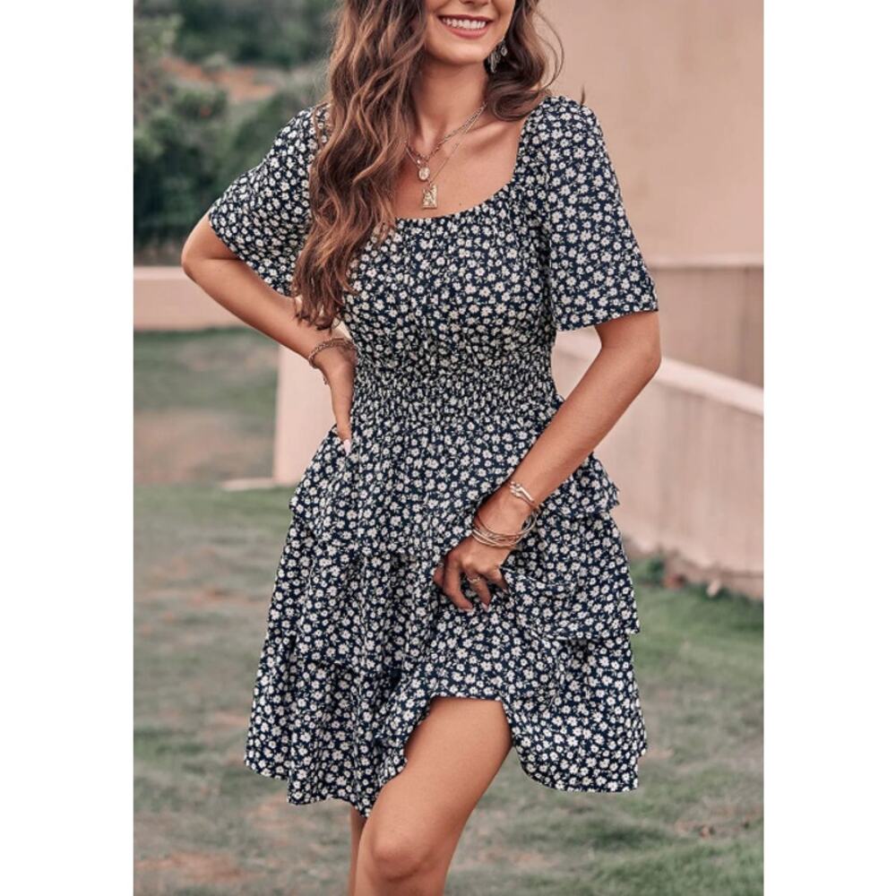 PRETTY GARDEN Floral Square Neck Short Sleeve Tiered Boho Mini Dress Large